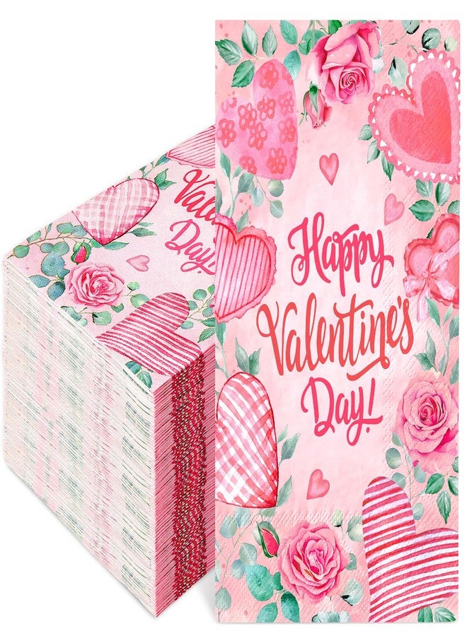 JarThenaAMCS 50Pcs Happy Valentine's Day Paper Guest Napkin Love Heart Floral Eucalyptus Bathroom Napkin Pink Disposable Guest Hand Towel For Home Party Supplies - Image 1